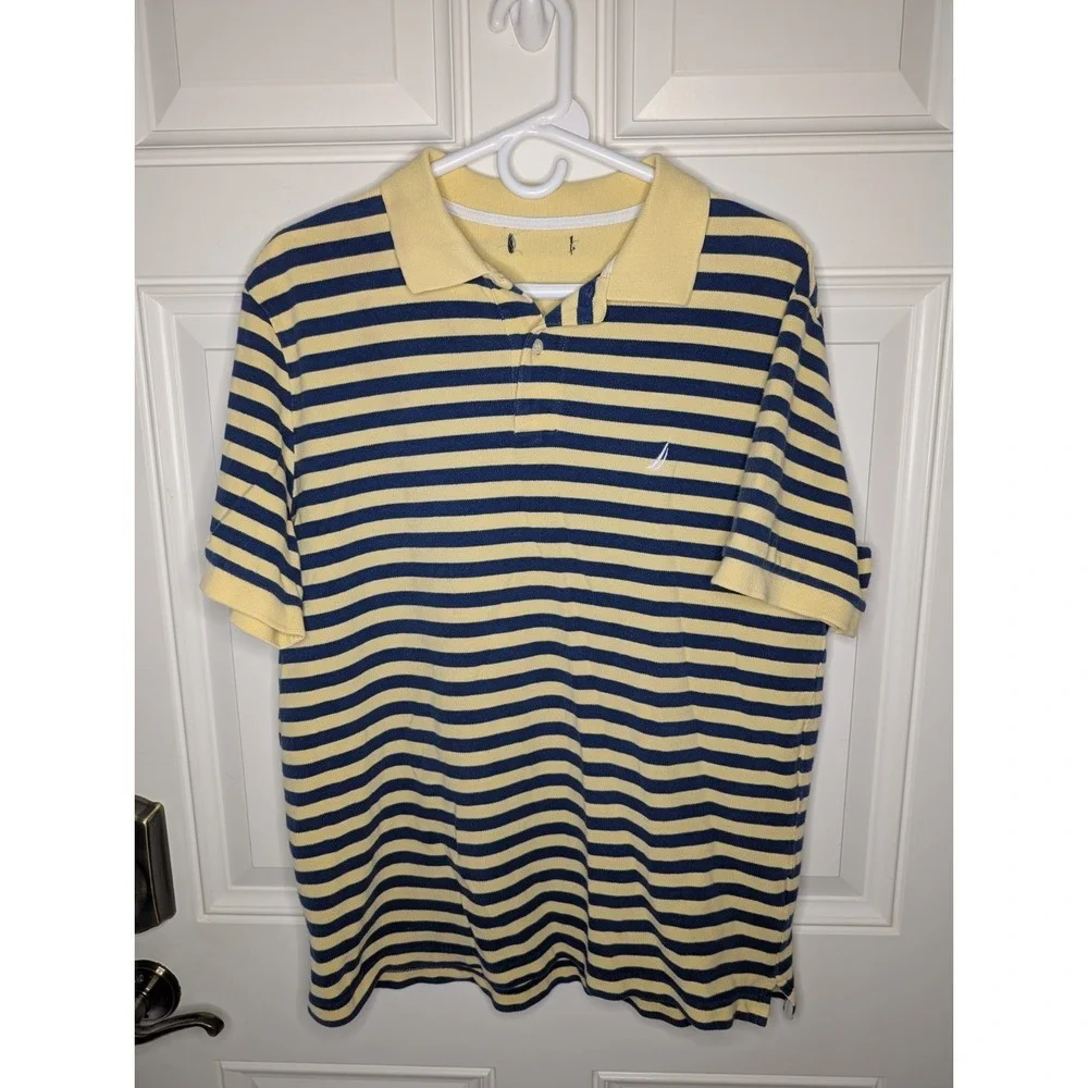 Nautica Polo Shirt Men's XL Yellow Blue Striped Short Sleeve Collared Casual